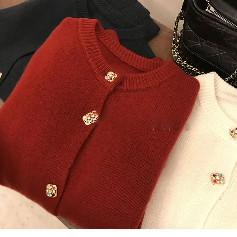Yipinpay O-Neck Sweater French Elegant Single Breasted Women's Spring Autumn Winter New Fashion All-match Long Sleeve Top Coat