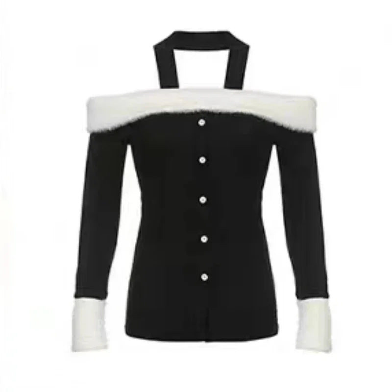 Yipinpay Girl Pure Sexy Suit Women's Autumn/Winter Off Shoulder Halter Neck Long-sleeved Top High Waist Mini Skirt Two-piece Set