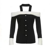 Yipinpay Girl Pure Sexy Suit Women's Autumn/Winter Off Shoulder Halter Neck Long-sleeved Top High Waist Mini Skirt Two-piece Set