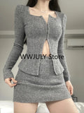 Yipinpay Autumn New Grey Casual Knitted Suits Sexy 2 Piece Skirt Set Woman Elegant Y2k Crop Tops + High Waist Slim Mini Skirt Korean