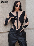 yipinpay 2023 Fashion Club Y2K Sexy Mesh See Through Skinny Bodysuit Long Sleeve One Pieces Body Tops White Rompers Oufits
