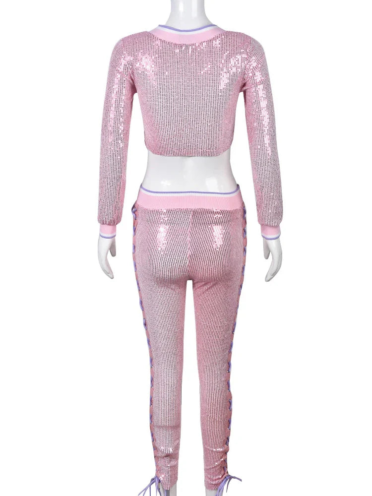 Yipinpay Simenual Digital Embroider Sequie Two Piece Set Women Sexy Bandage Long Sleeve Crop Top Tight Pants Fall Vocation Streetwear Y2k