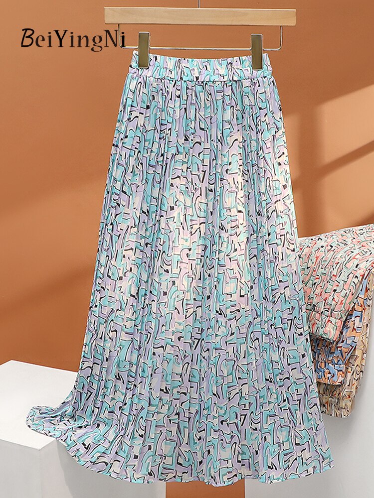 yipinpay 2023 Korean Stylish Pleated Skirts for Women Fairy Spring Summer Midi Skirt Ladies Printed Slim A-line Faldas Female