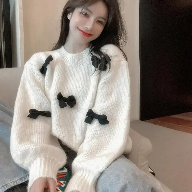 Yipinpay Sweet Sweater Pullover Women Autumn Winter Loose Bow Outwear Knitted Tops O Neck Warm Female Jumper Casual Fashion