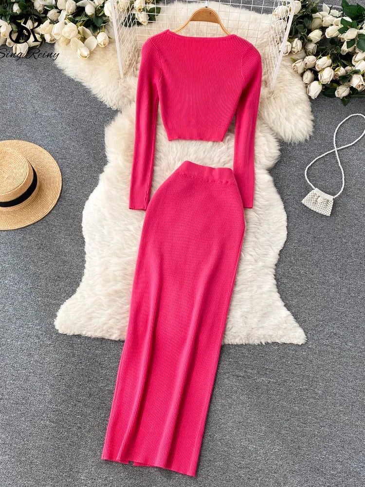 Yipinpay Autumn Sweater Two Pieces Suits Long Sleeves Knit Top+ Elatic Waist Slim Split Long Skirt Sets Women Warm Knitted Suit