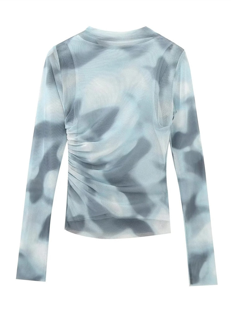 Yipinpay Tulle Crop Top Women Blue Print Mesh Blouse Female Ruched Long Sleeve Tops For Women 2023 Streetwear Chic Woman Blouse
