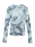 Yipinpay Tulle Crop Top Women Blue Print Mesh Blouse Female Ruched Long Sleeve Tops For Women 2023 Streetwear Chic Woman Blouse