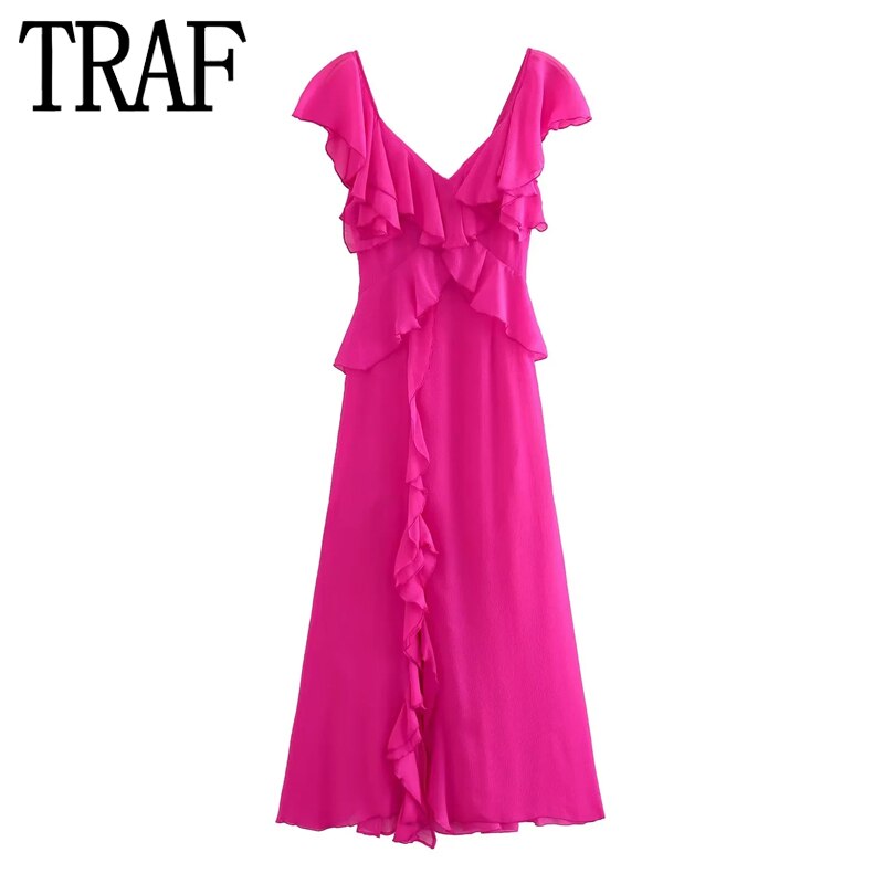 Yipinpay 2023 Chiffon Ruffle Dress Woman Short Sleeve Long Dresses Women Summer Midi Party Dresses Backless Elegant Evening Dress