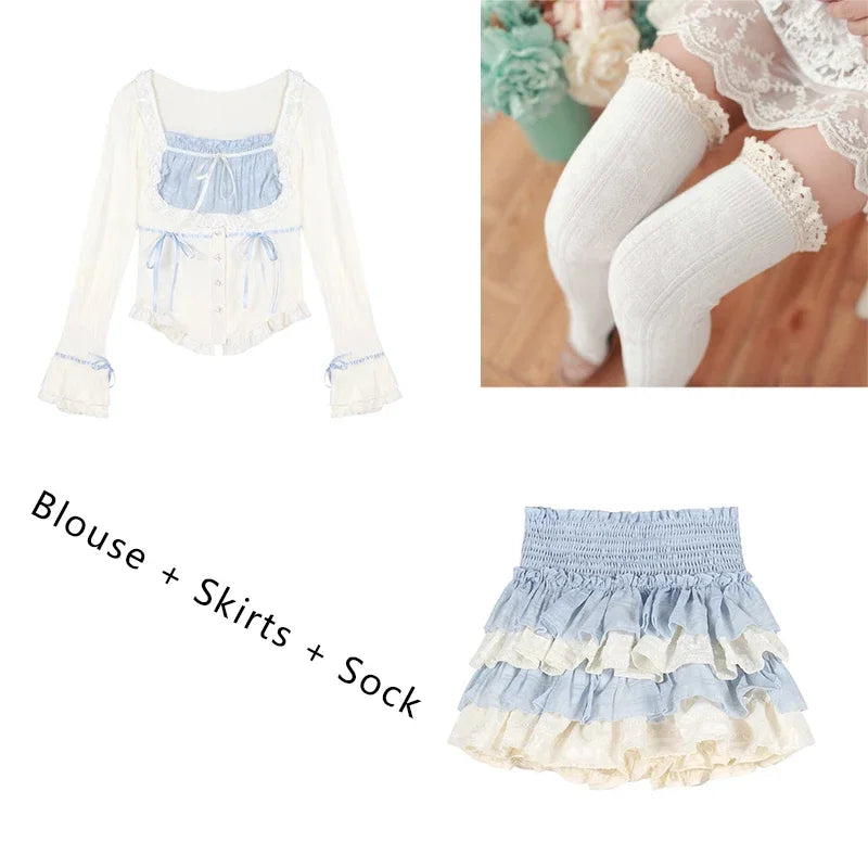 Yipinpay Spring Janpan Style Kawaii 2 Piece Skirt Sets Women Casual Sweet Crop Tops + Outwear High Waist Slim Mini Skirt Lolita Suit