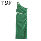 Yipinpay 2023 Cut Out Long Dress Women Asymmetric Green Sleeveless Dress Woman Ruched Off Shoulder Midi Summer Elegant Party Dresses