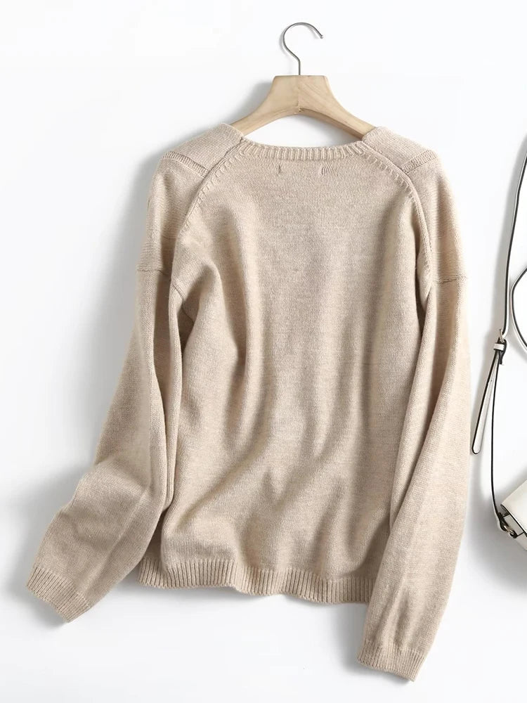 Yipinpay Women 2024 Twist Woolen Knit Sweater Jumper V Neck Female Elegant Loose Pullovers Chic Tops