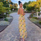 Yipinpay 2023 Print Halter Long Dress Women Summer Sexy Backless Dress Woman Knot Off Shoulder Midi Beach Holiday Party Dresses