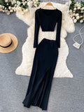 Yipinpay Autumn Sweater Two Pieces Suits Long Sleeves Knit Top+ Elatic Waist Slim Split Long Skirt Sets Women Warm Knitted Suit