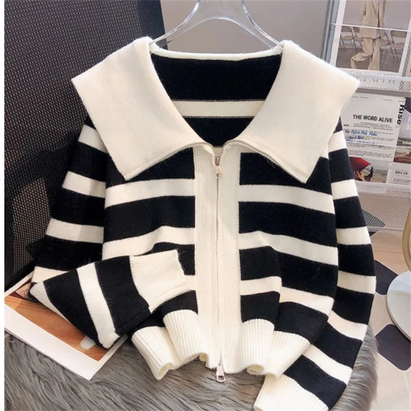 Yipinpay Women's Knitted Stripe Sweater Sweet Preppy Style Peter Pan Collar Cardigan Top Spring Autumn 2024 New Zipper Fashion Outwear
