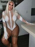 yipinpay 2023 Fashion Club Y2K Sexy Mesh See Through Skinny Bodysuit Long Sleeve One Pieces Body Tops White Rompers Oufits