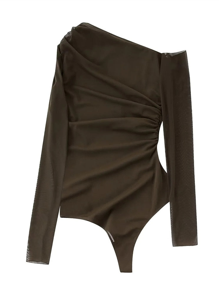 Yipinpay Brown Mesh Bodysuit Women Long Sleeve Body Woman Tulle See Through Bodysuit Lingerie Sexy Off Shoulder Asymmetrical Top