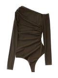 Yipinpay Brown Mesh Bodysuit Women Long Sleeve Body Woman Tulle See Through Bodysuit Lingerie Sexy Off Shoulder Asymmetrical Top