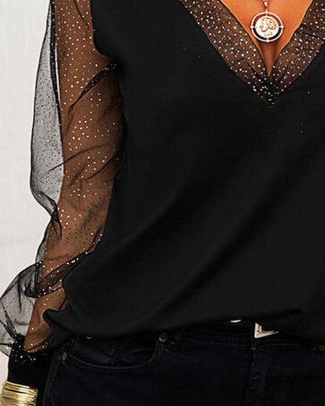 Yipinpay Woman Blouses Shirt Contrast Mesh Long Sleeve Top T-Shirts Pullover Tops Autumn Winter New Fashion Casual