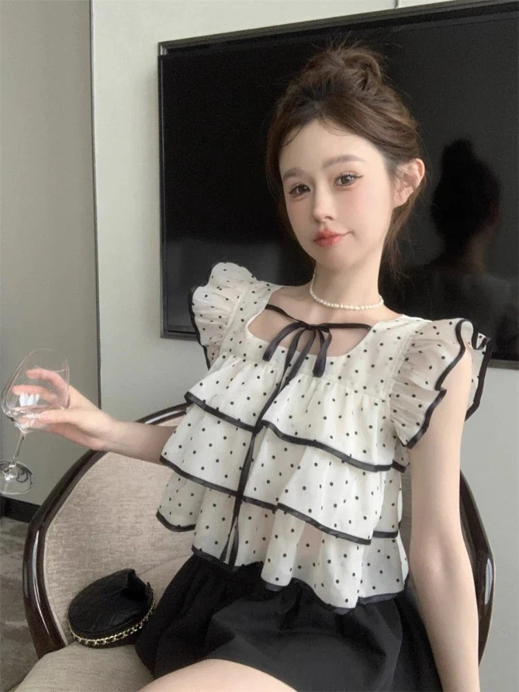 Yipinpay Sweet Shirts Women Polka Dot Lace Up Flying Sleeve Square Collar Crop Tops Slim Elegant Blouse Female Summer Casual