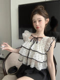 Yipinpay Sweet Shirts Women Polka Dot Lace Up Flying Sleeve Square Collar Crop Tops Slim Elegant Blouse Female Summer Casual