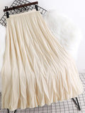 yipinpay 2023 Korean Summer Fashion Wave Pleated Long Midi Skirt Women Solid Color Casual Kawaii High Waist Mid-Calf Skirts