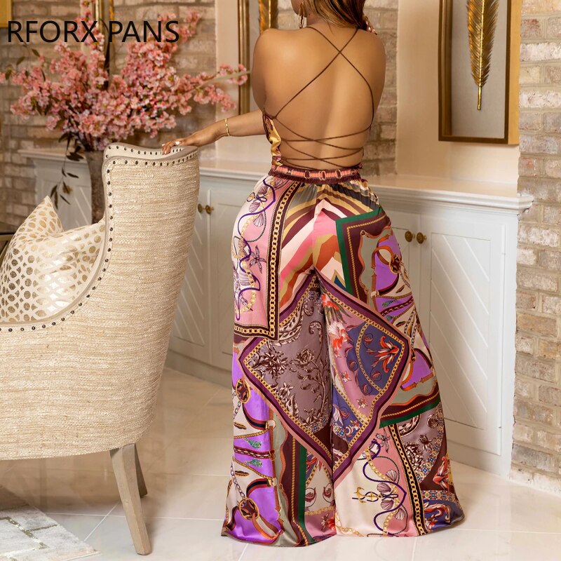 Yipinpay Print Criss Cross Backless Top & Wide Leg Pants Set Hots Party suits