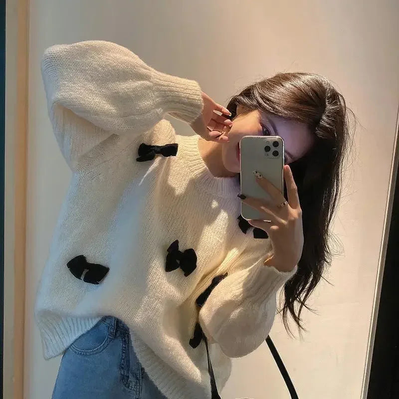 Yipinpay Sweet Sweater Pullover Women Autumn Winter Loose Bow Outwear Knitted Tops O Neck Warm Female Jumper Casual Fashion