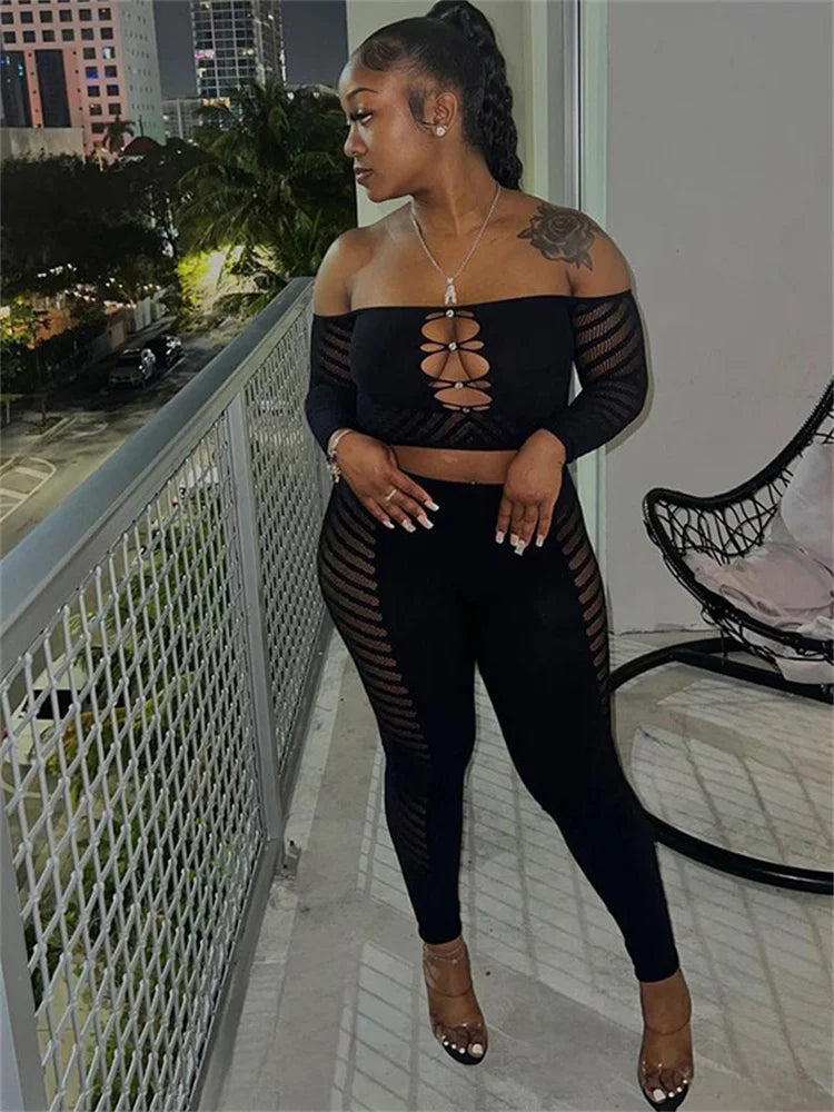 Yipinpay Simenual Baddie Fashion Mesh Tansparent Two Piece Sets Hotsweet Sexy Hollow Out Crop Tops Skinny Pants High Elastic Co Ord Suits