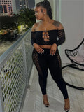 Yipinpay Simenual Baddie Fashion Mesh Tansparent Two Piece Sets Hotsweet Sexy Hollow Out Crop Tops Skinny Pants High Elastic Co Ord Suits