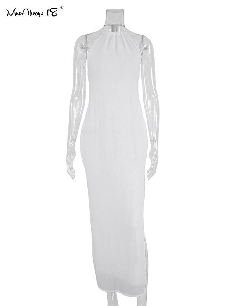 Yipinpay 18 Halter Neck Sexy Women White Long Dress High Slit Evening Party Dress Ladies Backless Bodycon Holiday Sundress 2023
