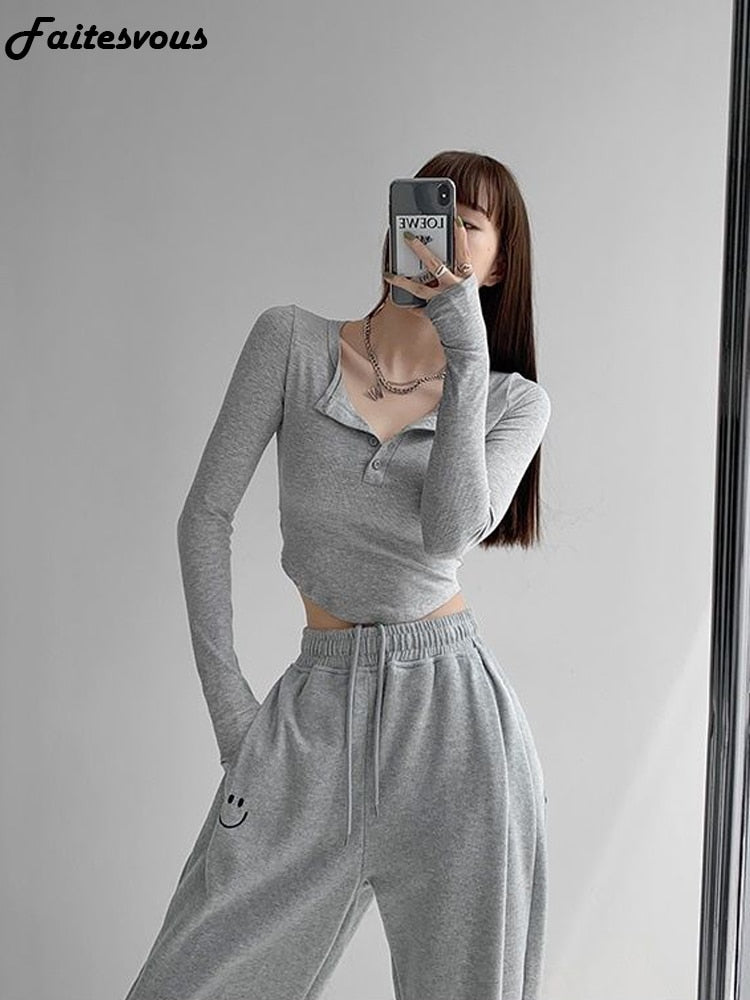 Yipinpay Long Sleeve T-shirt Women New Irregular Fitness O-neck Cropped Tops Woman Clothing Spring Autumn