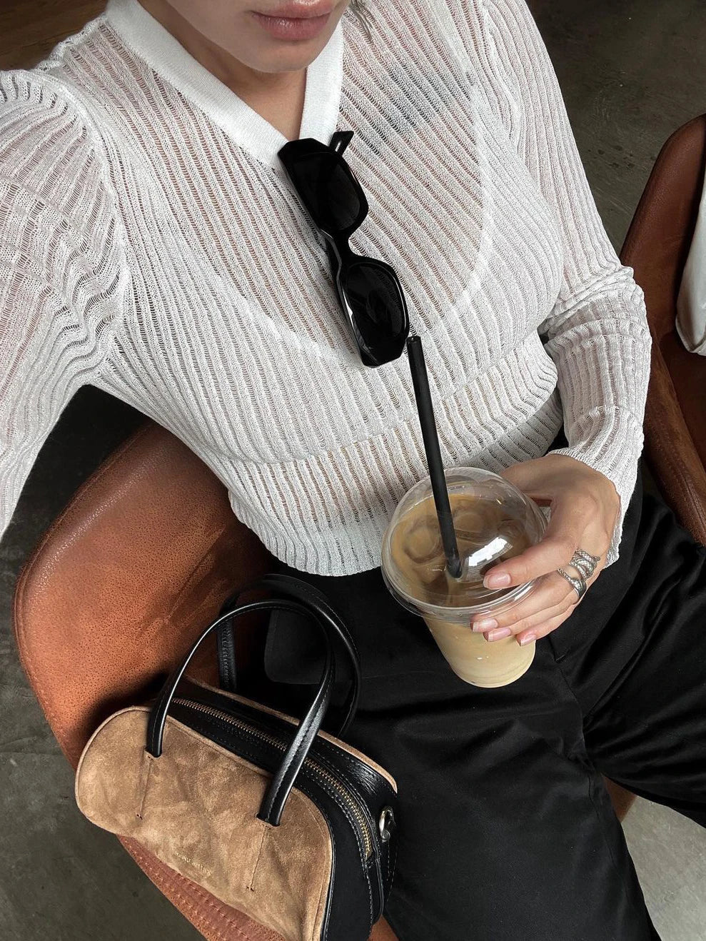 Yipinpay White Ribbed Knit T-Shirts Ladies See-Through Rib Sweater Tops Spring New Outfits Pullover Long Sleeve Casual Top Tees