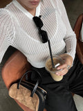 Yipinpay White Ribbed Knit T-Shirts Ladies See-Through Rib Sweater Tops Spring New Outfits Pullover Long Sleeve Casual Top Tees