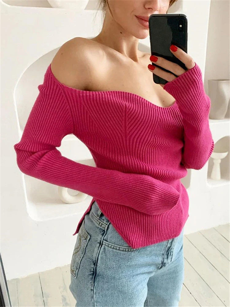 Yipinpay Long Sleeve Sweater 2024 Autumn Women Knit Ribbed Top Ladies Casual Knitted Tops Pullover Off-Shoulder Knitwear Black