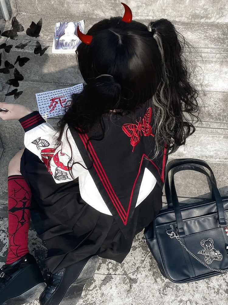 Yipinpay Women Preppy JK Suit Genuine Japanese Dark Jk Uniform Shirt + Black Pleated Skirt Punk Girl Embroidered Sailor 2pcs Suit