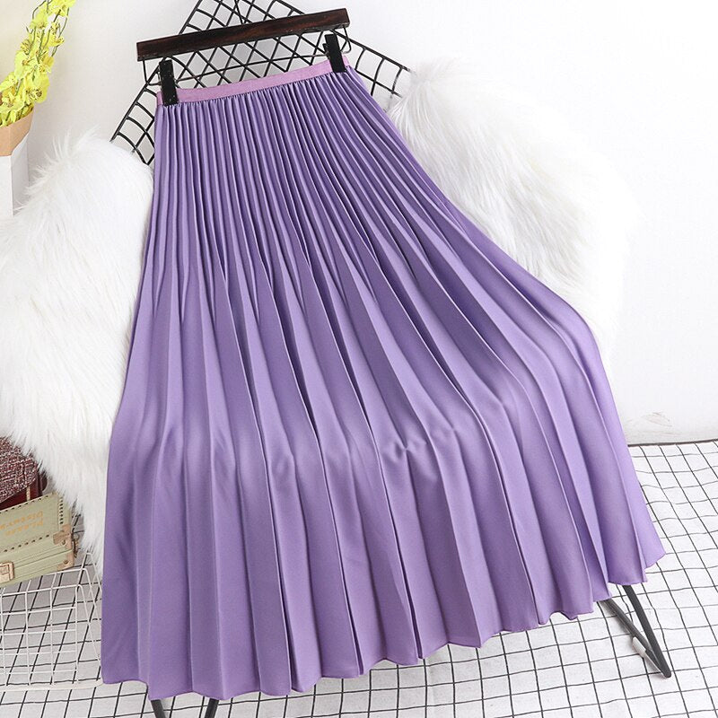 Yipinpay 2023 Spring Autunn Pleated Skirt Women Casual Fashion Elegant Solid Color High Waist Long Midi Skirts Ladies Chic Saia