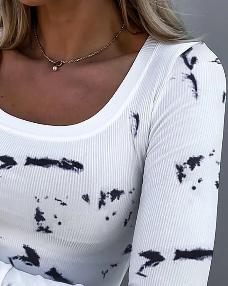 Yipinpay Women Long Shirt Spring Summer U-Neck Tie Dye Print Ribbed Top Female New Fashion Tops