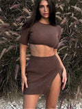 Yipinpay White Knitwear 2 Piece-Set Women Ribbed Short Sleeve Cropped Pullover Sweater And Mini Skirt Sets Female Outfits Summer