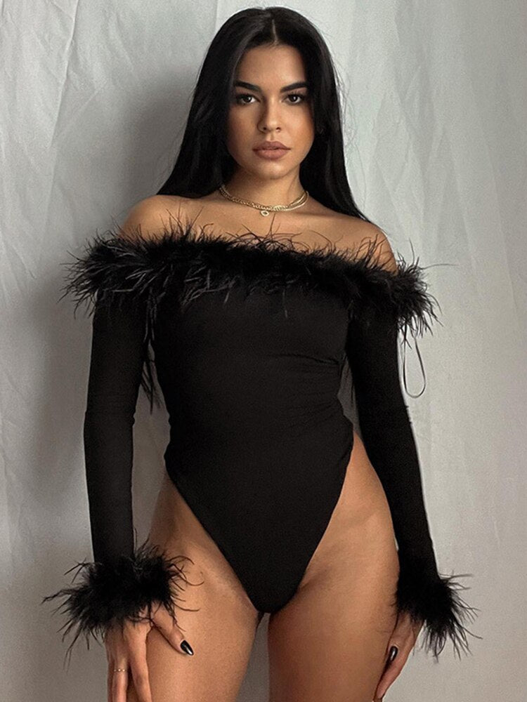 Yipinpay Korean Velvet Feather Long-sleeved Bodysuit Shapewear Women Strapless Tops Nightclub Street Sexy Bottoming Clothes Femme