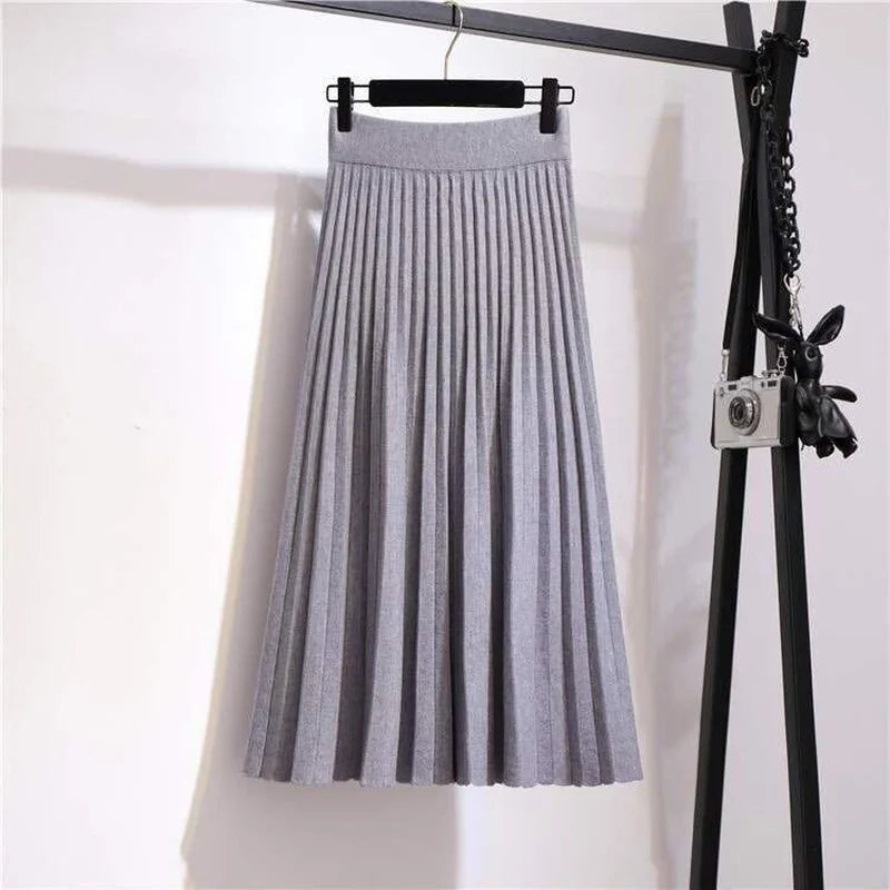 Yipinpay skirt women mid-length spring and autumn new 2024 elastic high waist thin a-line wool solid pleated long skirt female