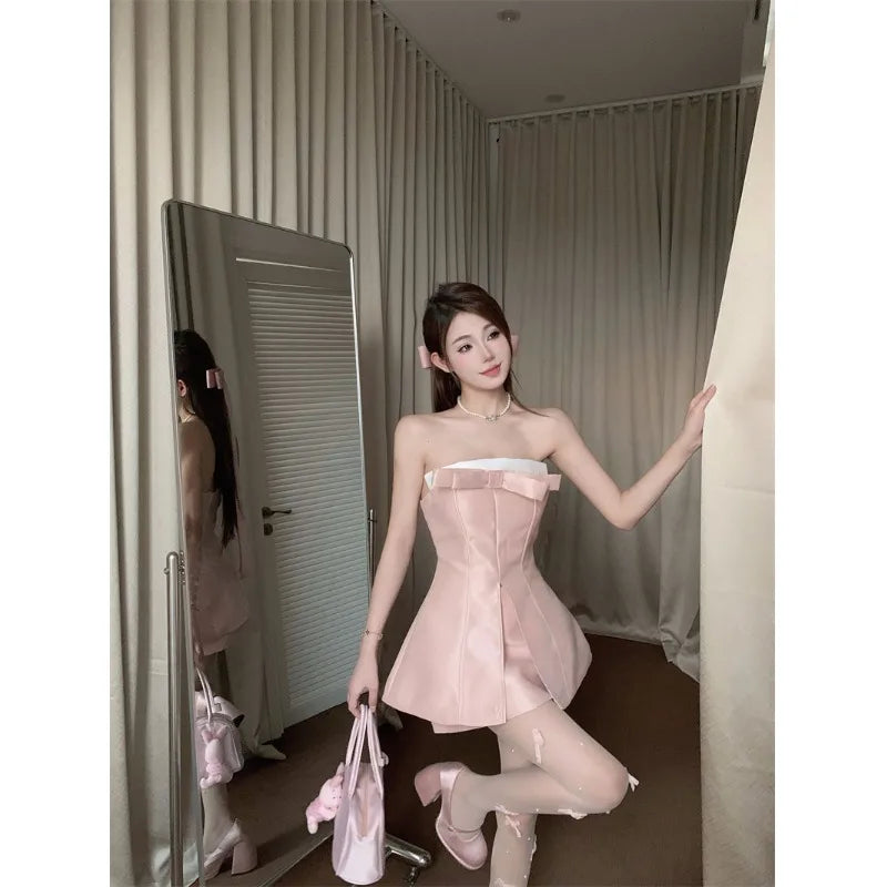 Yipinpay Hot Girl Suit Women's Autumn Pure Sexy Pink Strapless Bow Top High Waist Mini Skirt Two-piece Set Fashion Female Clothes