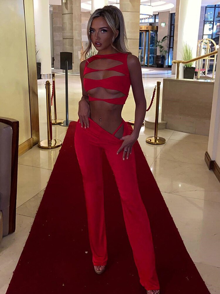 Yipinpay Sexy Hollow Out Vest Cropped Tops Straight Pants Suit Women Summer Two Piece Set Femme Party Streetwear Matching Outfits