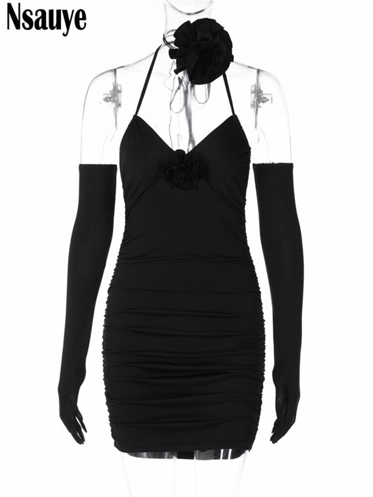 yipinpay 2023 Evening Sexy Party Birthday Fashion Summer Club Halter Mini Bodycon Dress Backless Women Elegant Dress With Gloves