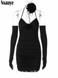 yipinpay 2023 Evening Sexy Party Birthday Fashion Summer Club Halter Mini Bodycon Dress Backless Women Elegant Dress With Gloves