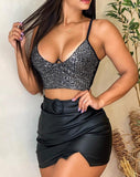 Yipinpay Piece Sets Womens Outifits 2023 New Sexy V-Neck Sequin Cami Top & Slit Pu Leather Skirt Set Party Clothing Skinny Night Out