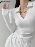 Yipinpay V-Neck Slim Fitness Women's T-Shirt Fashion New Long Sleeve Polo Shirt Woman High Waist Cropped Tops