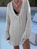 Yipinpay V-Neck Oversized Women's Sweater Long Sleeve Hollow Out Striped Knit Tops Winter 2024 Trend Casual Loose Pullover Sweaters