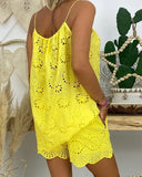 Yipinpay Two Piece Sets Women Outifits Casual V-Neck Sleeveless Camis Eyelet Embroidery Tassel Top Shorts Set 2023 Fashion Women Suit