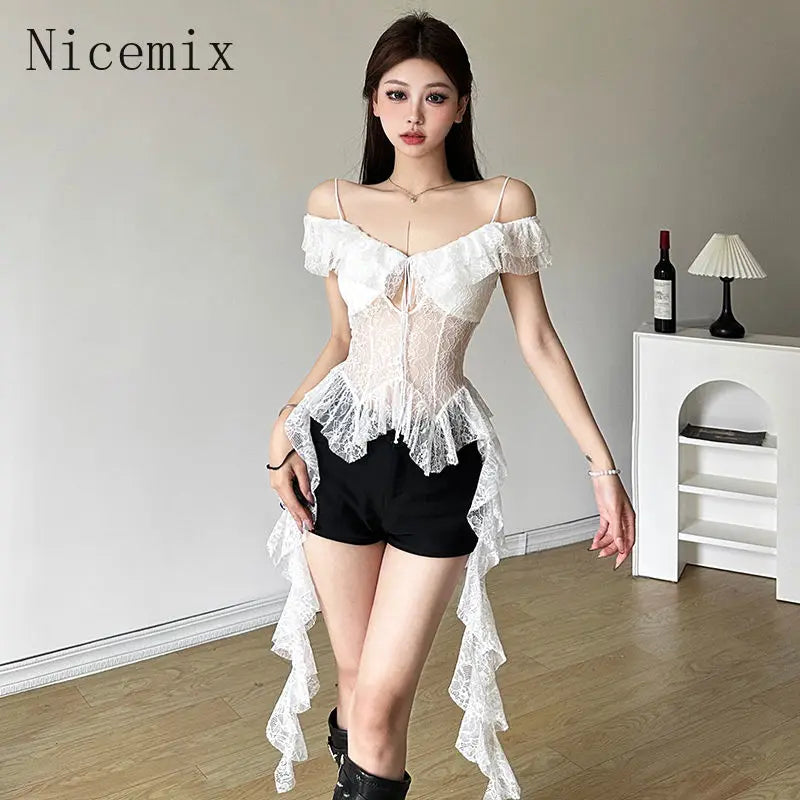 Yipinpay Girl White Lace Spliced Strap Tank Top Women Camisole Summer New Korean Irregular Slimming Ruffle Hollow Out Sexy Tops