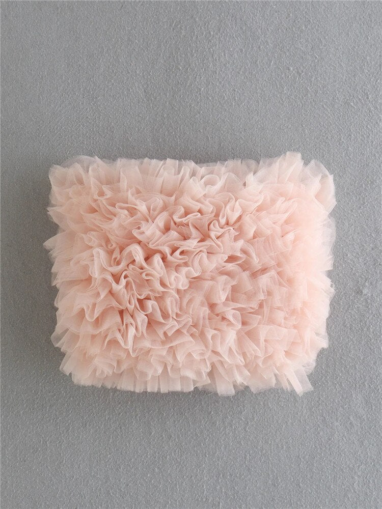 Yipinpay Pink Mesh Crop Top Women Tulle Off Shoulder Top Female Summer Sexy Tube Tops Y2k Streetwear Sleeveless Top Bustiers Corsets